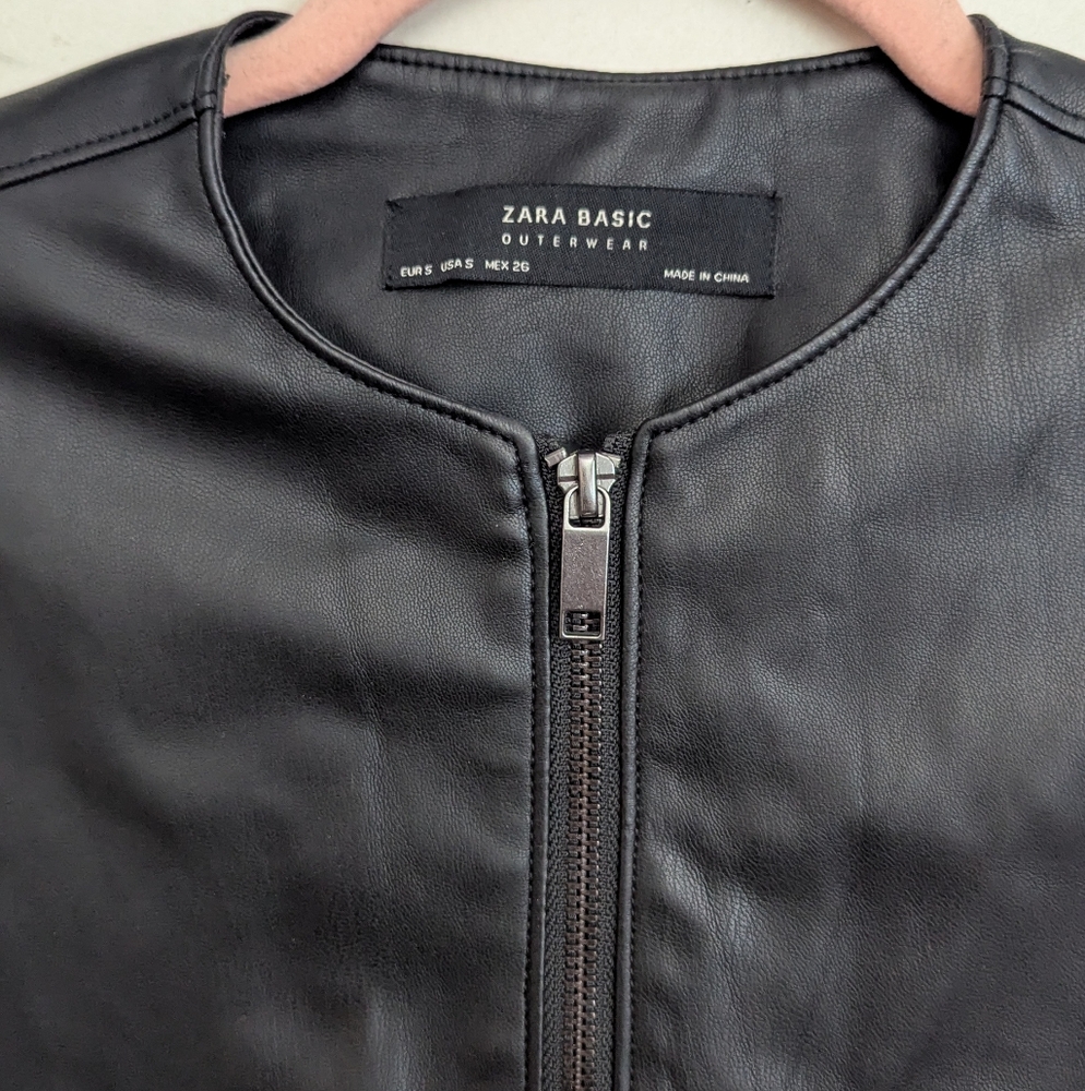 Zara Black Leather Ruffle-Hem Jacket - Picture 4 of 10